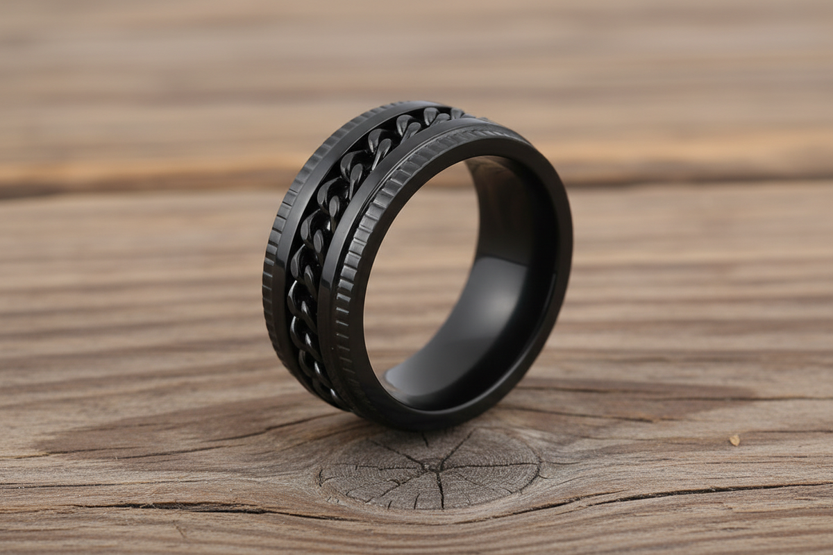 SK1780A Black/Black Edition  Gents Cuban Link Spinner Ring Stainless Steel Motorcycle Jewelry  Size 8-15