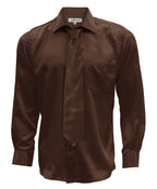 Brown Satin Regular Fit Dress Shirt, Tie & Hanky Set