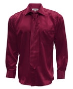 Burgundy Satin Regular Fit Dress Shirt, Tie & Hanky Set