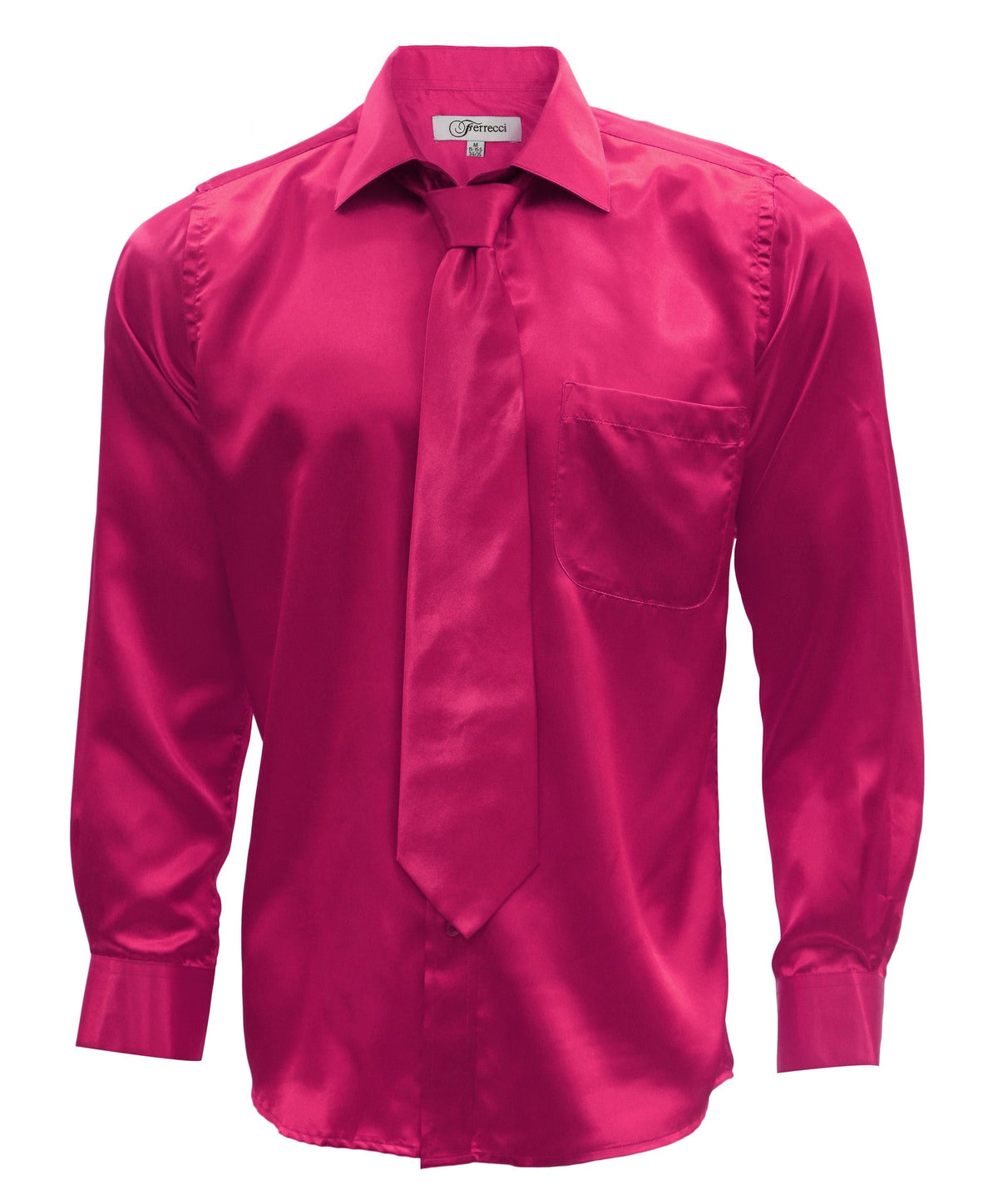 Fuchsia Satin Regular Fit French Cuff Dress Shirt, Tie & Hanky Set