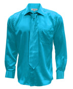 Turquoise Satin Regular Fit Dress Shirt, Tie & Hanky Set
