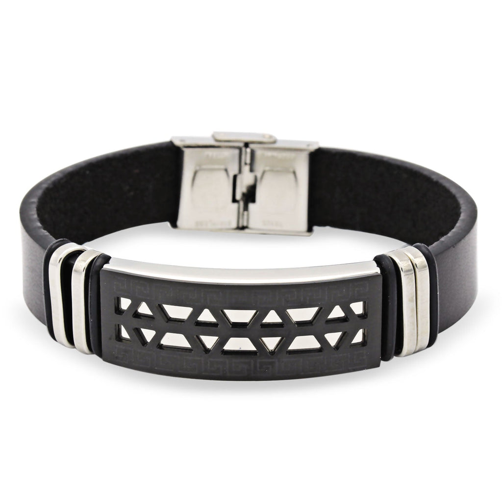 Stainless Steel Black Two Tone Design Leather Bracelet