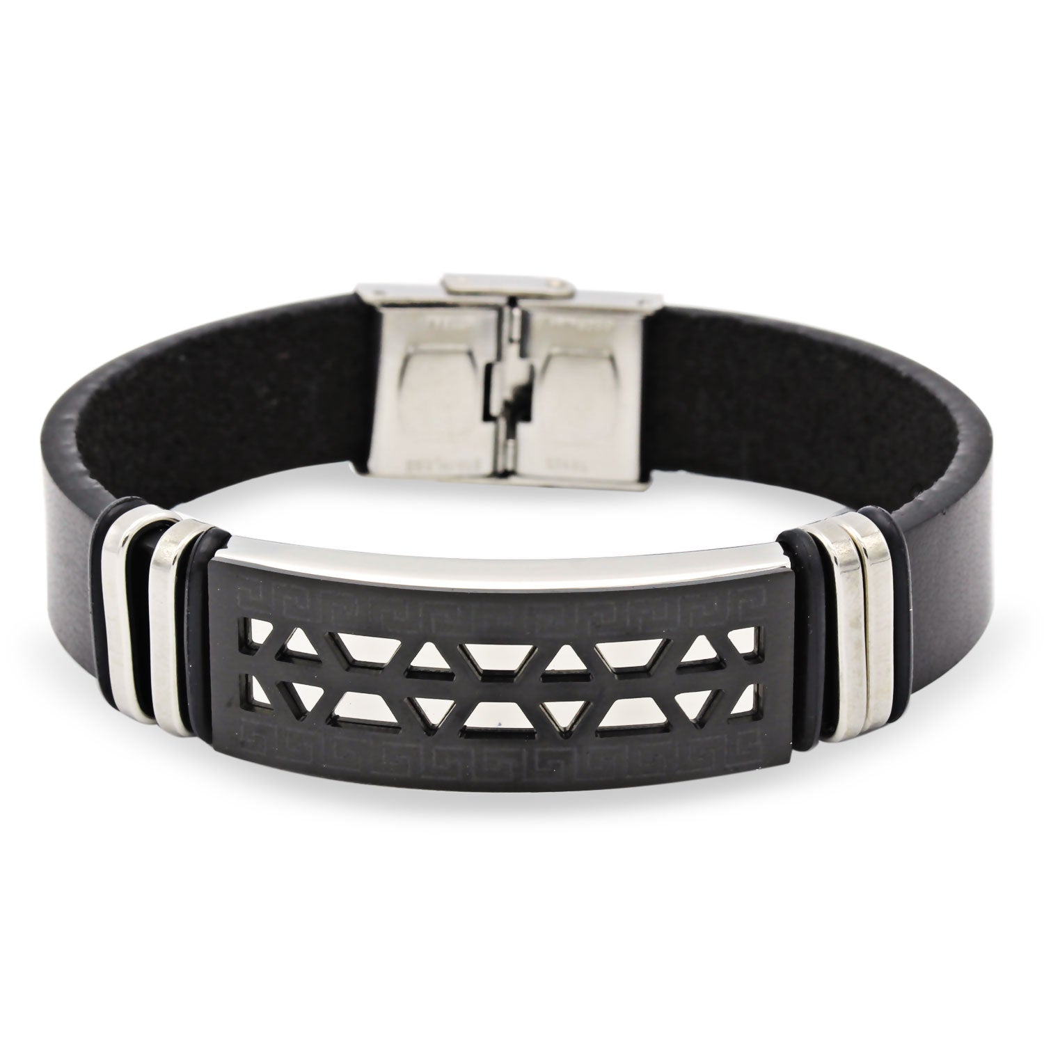 Stainless Steel Black Two Tone Design Leather Bracelet
