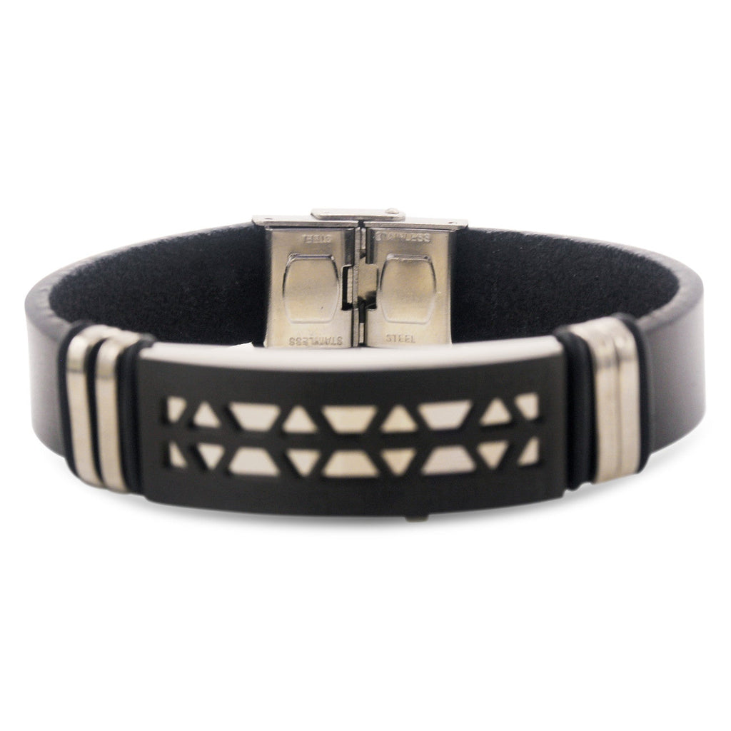 Stainless Steel Black Two Tone Design Leather Bracelet