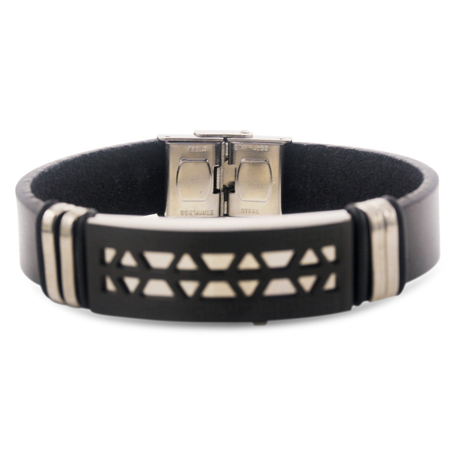 Stainless Steel Black Two Tone Design Leather Bracelet