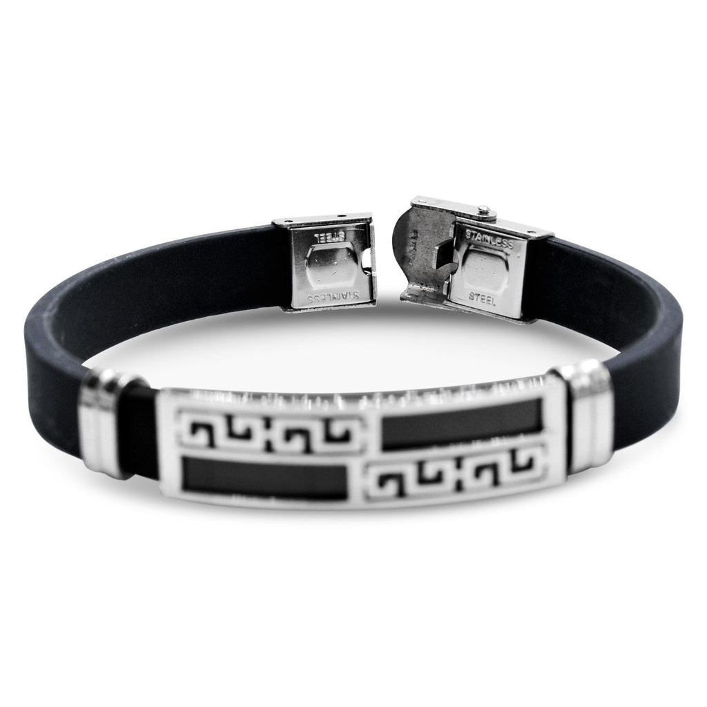 Stainless Steel Black Silver Plated Two Tone Design Rubber Bracelet