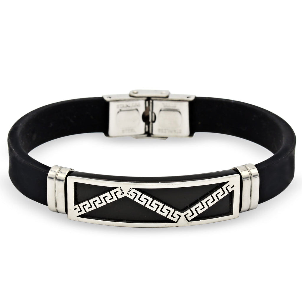 Stainless Steel Black Silver Plated Two Tone Rubber Bracelet