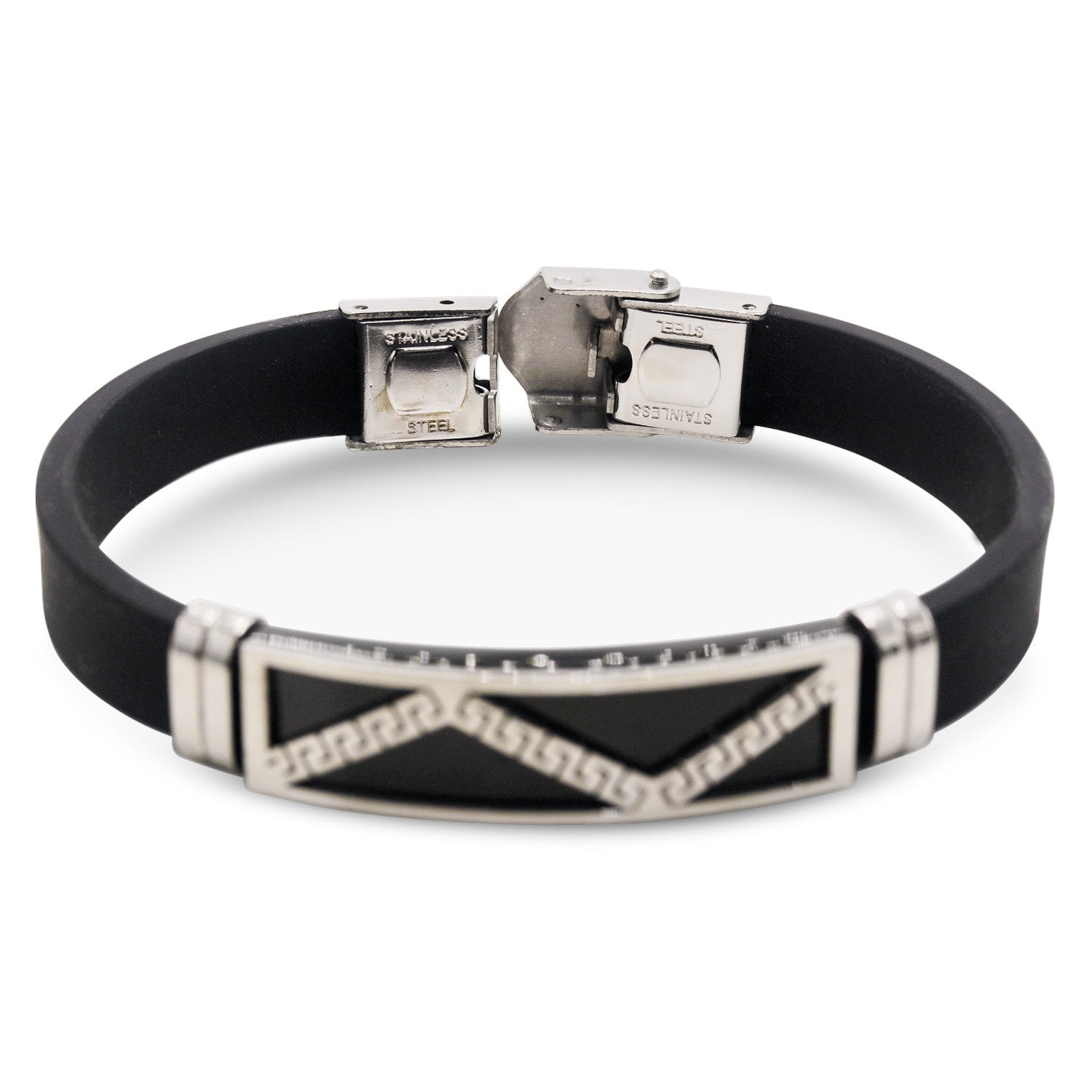Stainless Steel Black Silver Plated Two Tone Rubber Bracelet