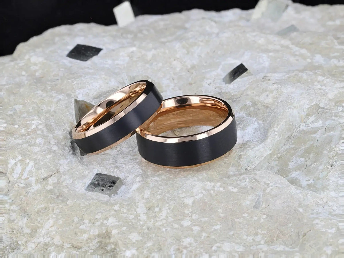 STEPHEN Rose Gold Plated Black Titanium Flat Brushed Center Men's Wedding Ring With Beveled Polished Edges - 6mm & 8mm