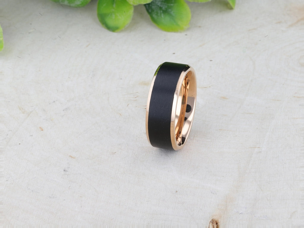 STEPHEN Rose Gold Plated Black Titanium Flat Brushed Center Men's Wedding Ring With Beveled Polished Edges - 6mm & 8mm