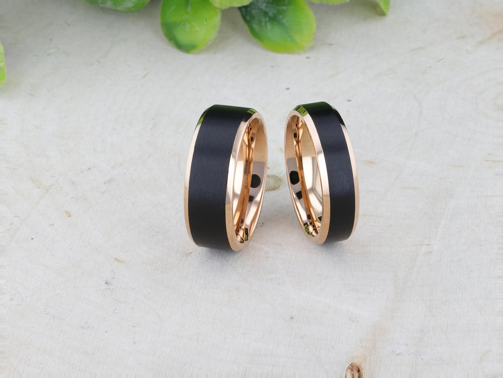 STEPHEN Rose Gold Plated Black Titanium Flat Brushed Center Men's Wedding Ring With Beveled Polished Edges - 6mm & 8mm