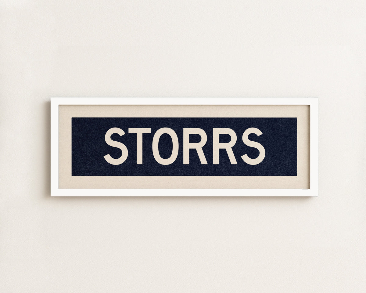 Framed Storrs Navy and White Bus Scroll