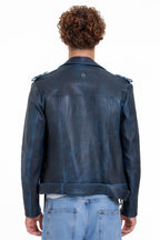 The Shanghai Blue Aged Leather Biker Men Jacket