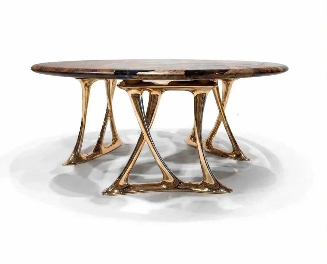 Luxury Round Walnut Dining Table with Rose Gold Aluminum Legs