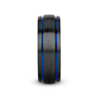 SHERIFF Domed Black Titanium Brushed Finish Men’s Wedding Ring with Blue Grooves – 8mm