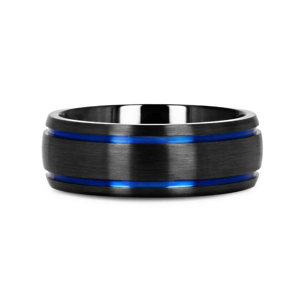 SHERIFF Domed Black Titanium Brushed Finish Men’s Wedding Ring with Blue Grooves – 8mm