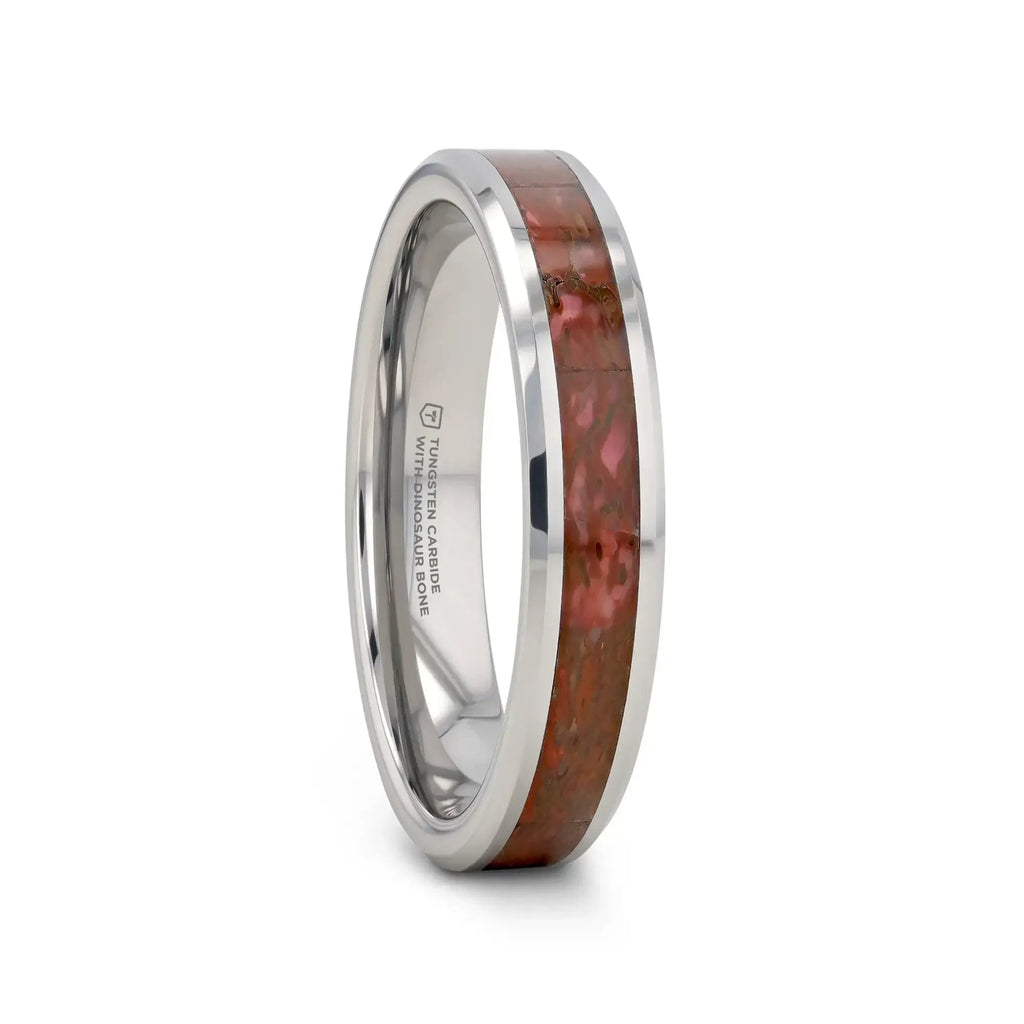 JURASSIC Red Dinosaur Bone Inlaid Tungsten Carbide Beveled Edged Ring - 4mm & 8mm