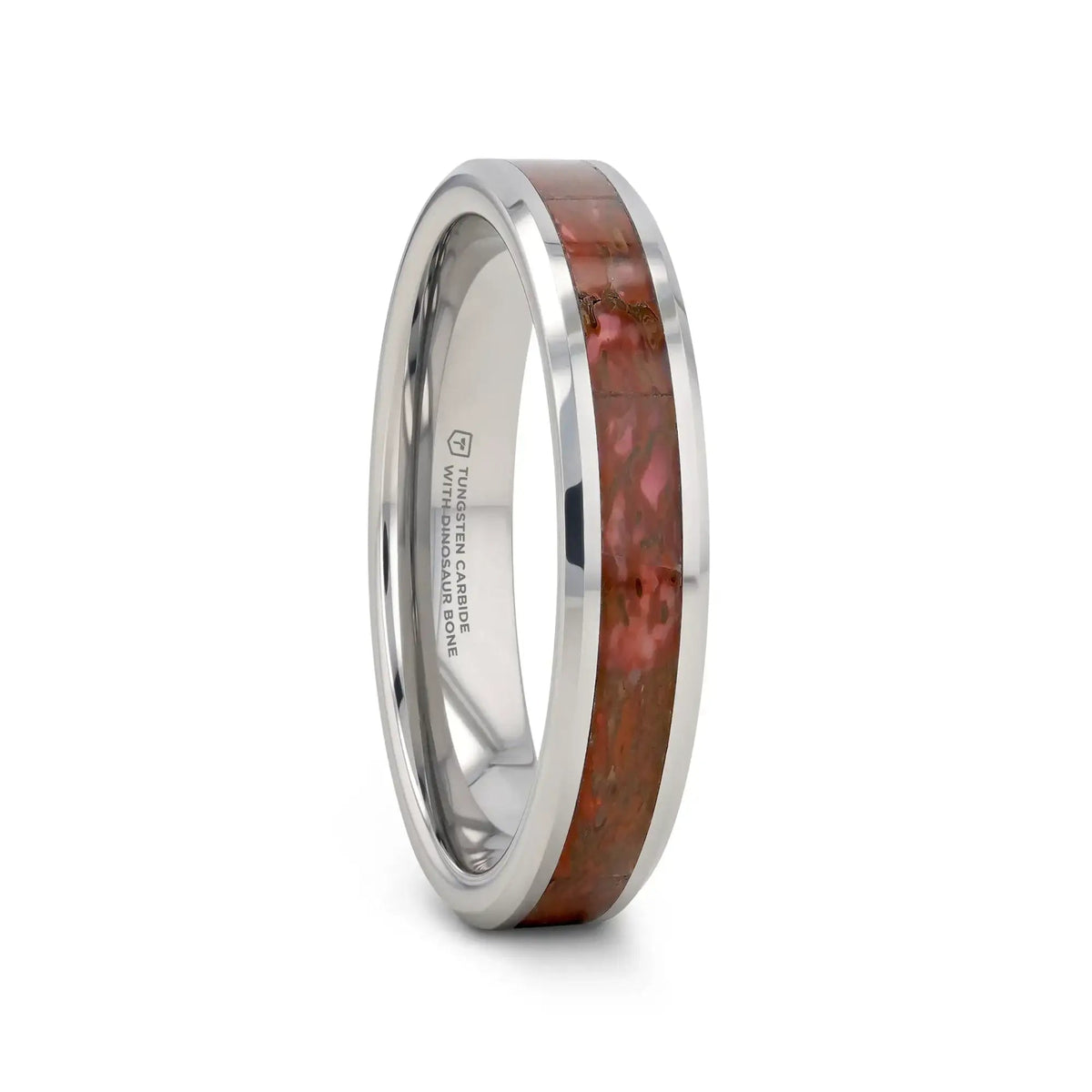 JURASSIC Red Dinosaur Bone Inlaid Tungsten Carbide Beveled Edged Ring - 4mm & 8mm