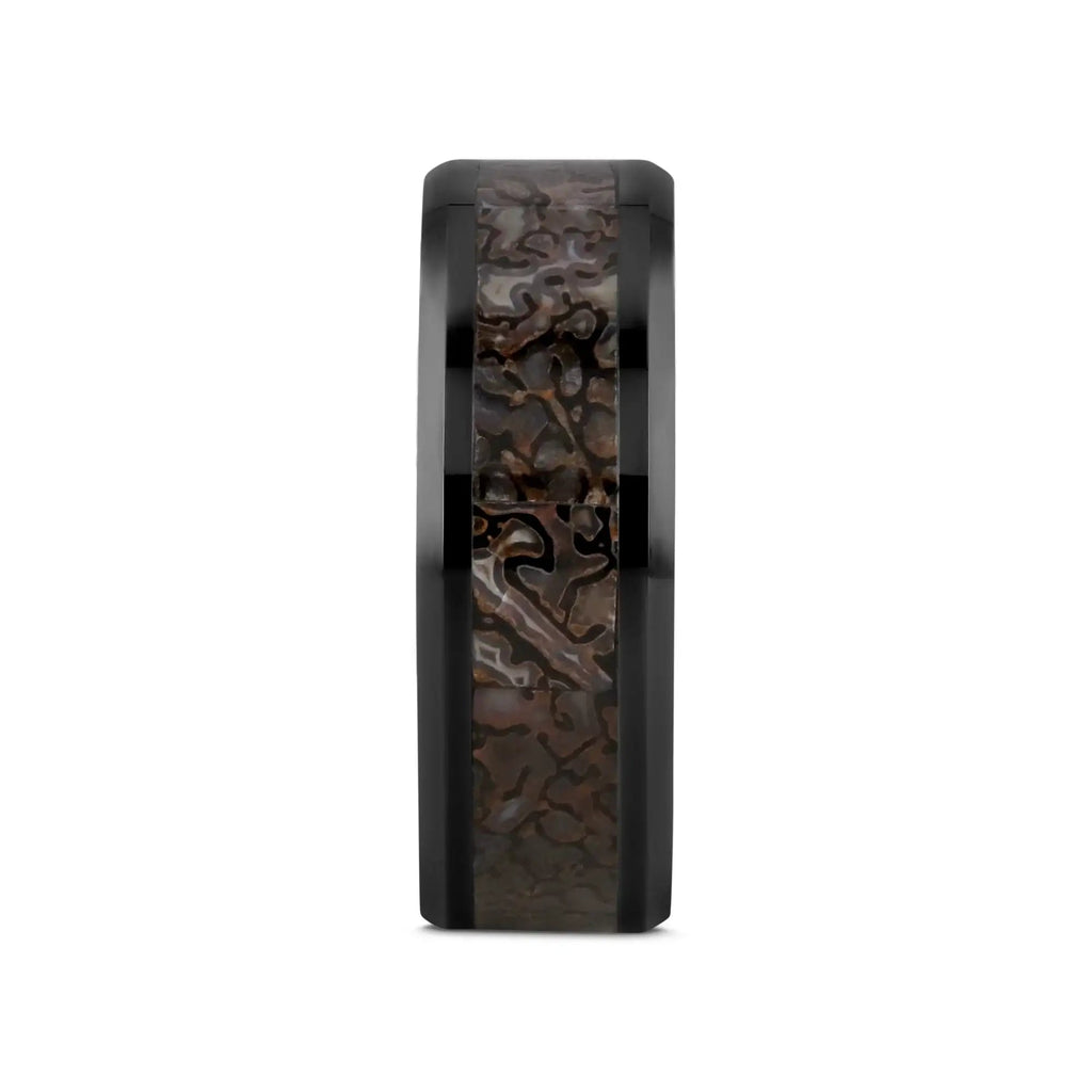 SILURIAN Dinosaur Bone Inlaid Black Ceramic Beveled Edged Ring - 4mm or 8mm