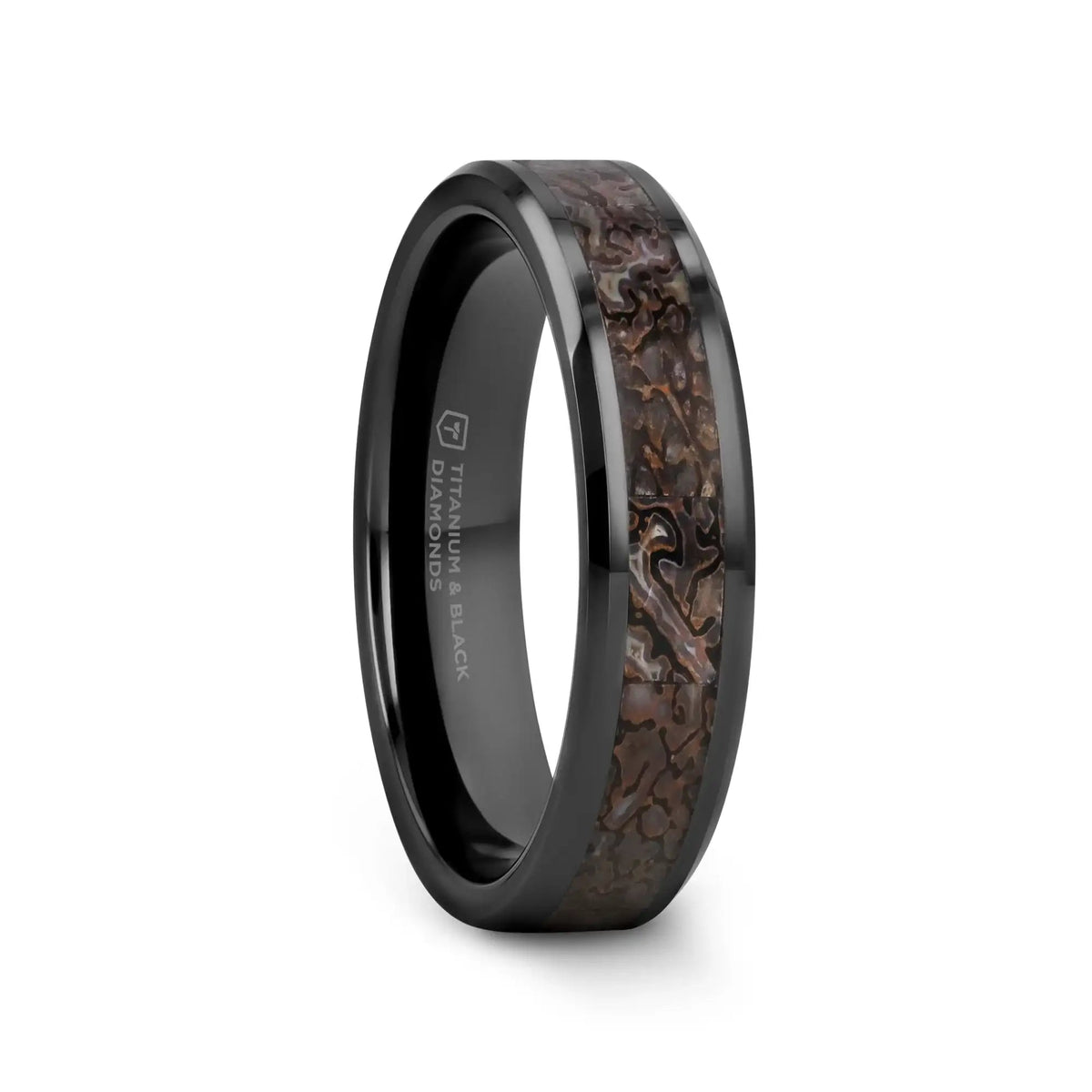 SILURIAN Dinosaur Bone Inlaid Black Ceramic Beveled Edged Ring - 4mm or 8mm