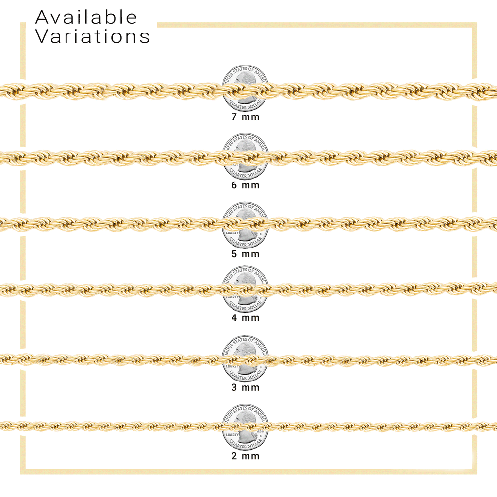 14K Gold Plated Rope Chain Twisted Link Necklace for Men 18" 20" 24" 30" Length | 2 mm - 7 mm Width
