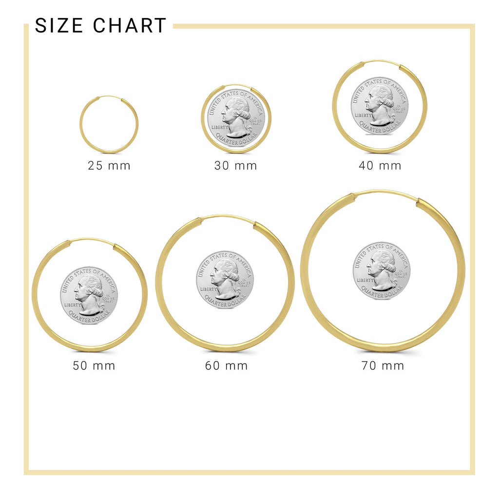 14K Gold Plated Hoop Women Earrings 2 mm 25 - 70 mm