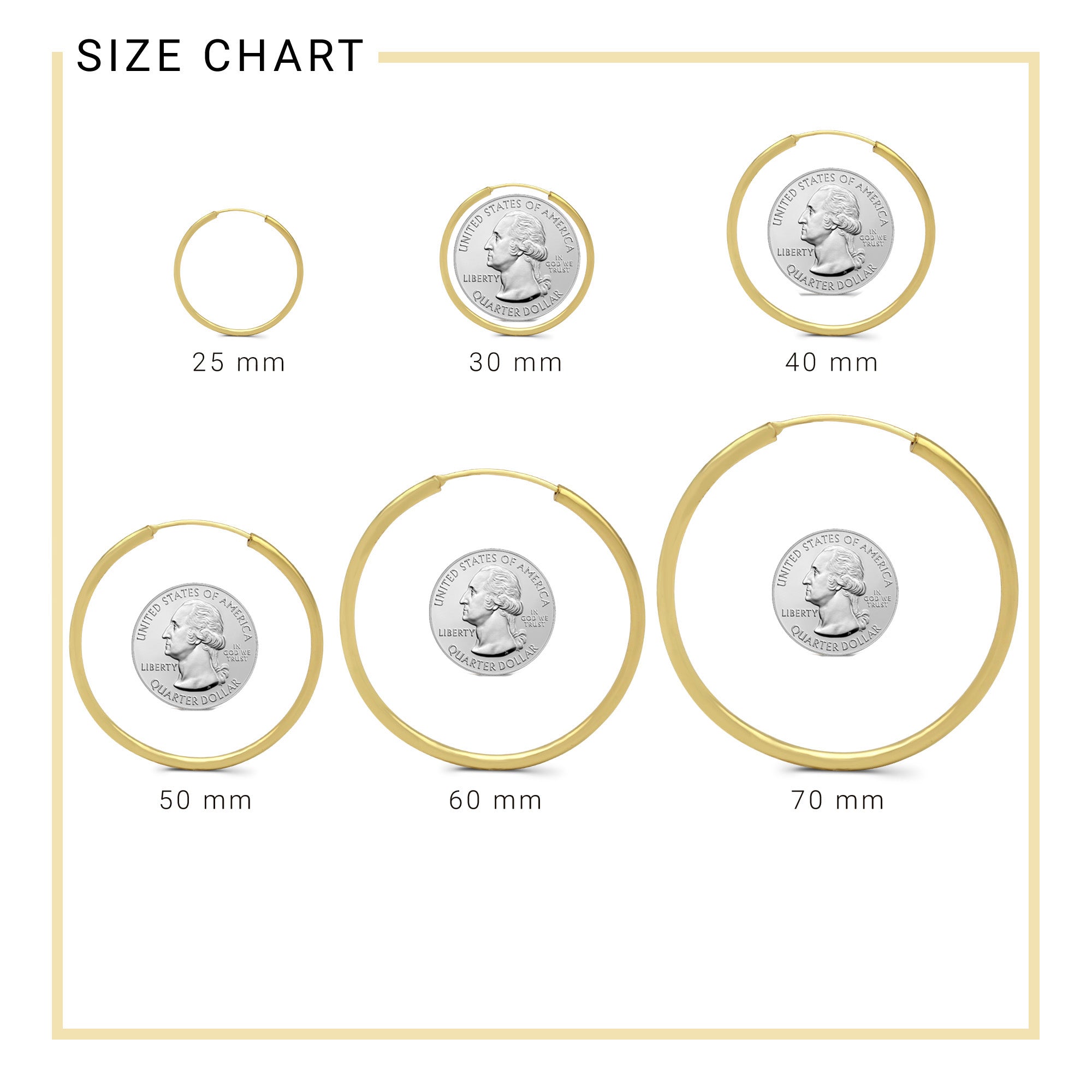 14K Gold Plated Hoop Women Earrings 2 mm 25 - 70 mm