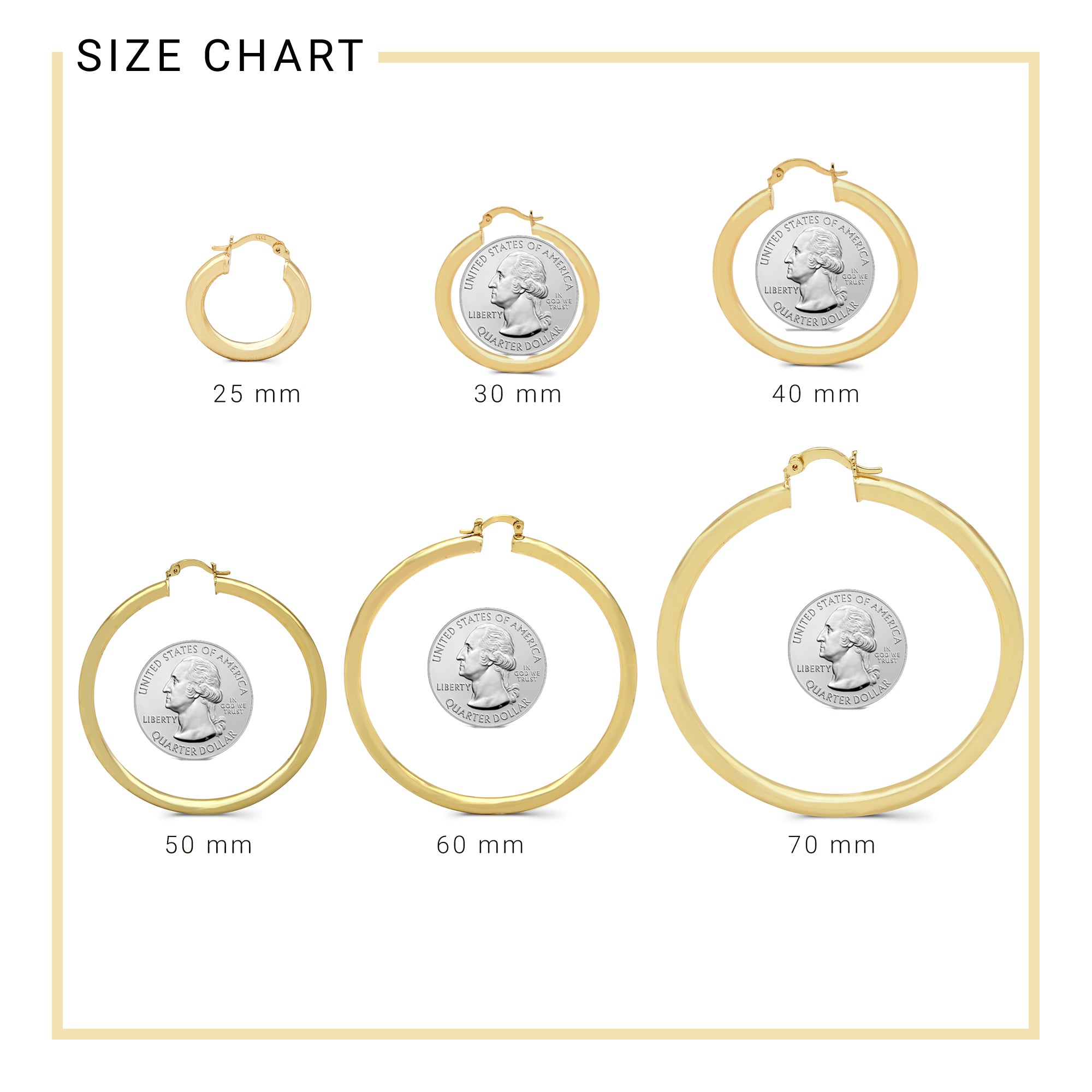 14K Gold Plated Plain Hoop Women Earrings 4 mm 25 - 80 mm
