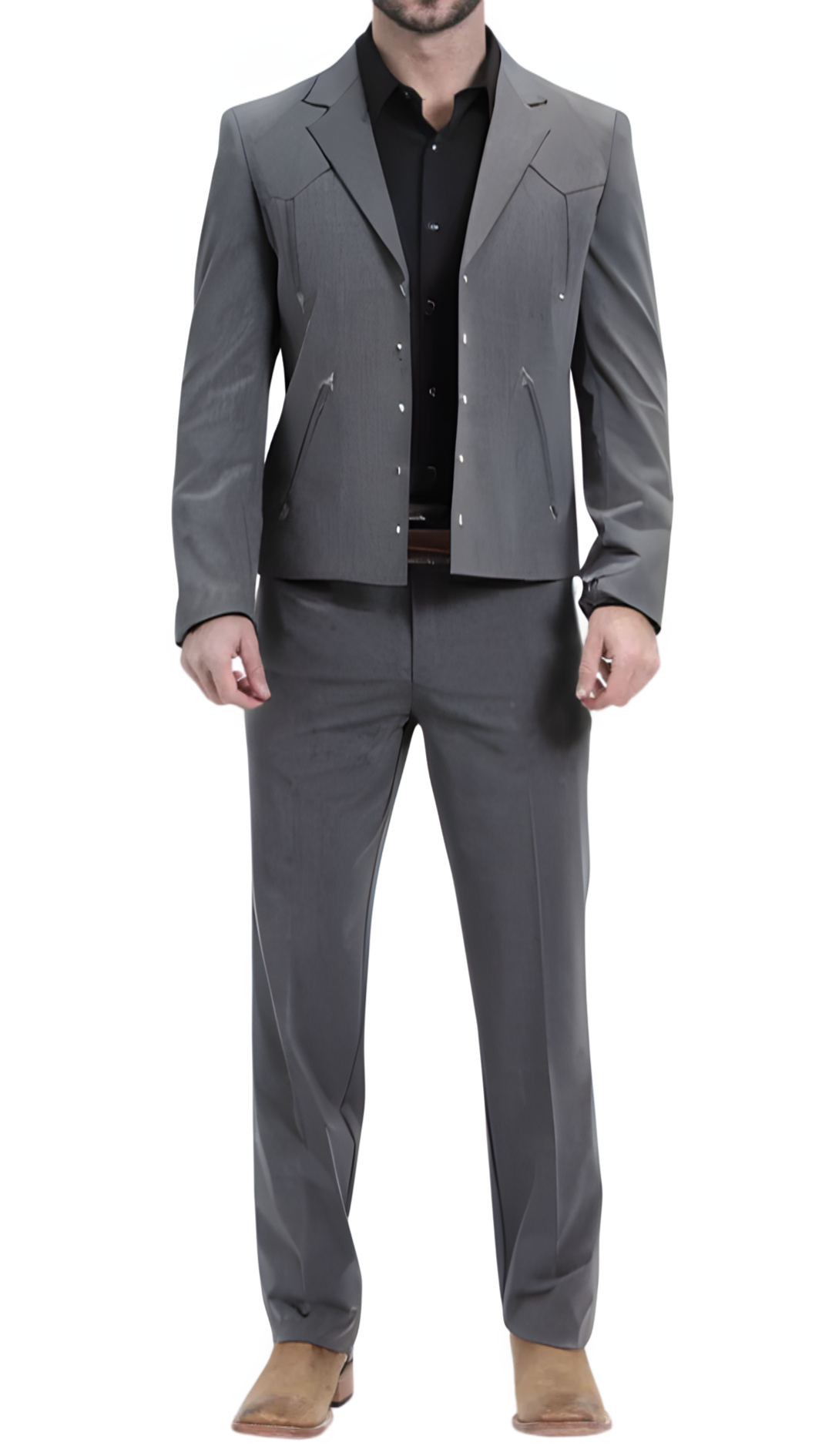 Men's Charcoal Western Suit 2-Piece - Cowboy Suit with Western Yoke & Pearl Snaps