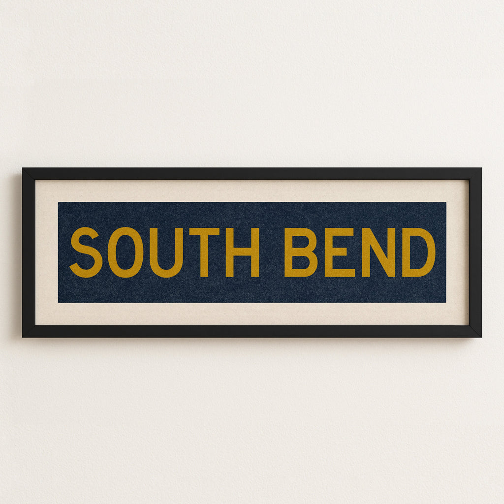 Framed South Bend Navy and Gold Bus Scroll