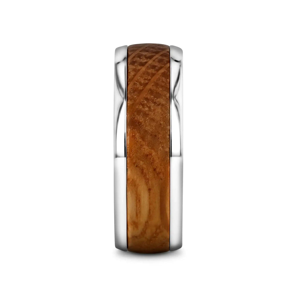 STAVE Whiskey Barrel Inlaid Titanium Men's Wedding Band With Domed Polished Edges Made From Genuine Whiskey Barrels - 8mm