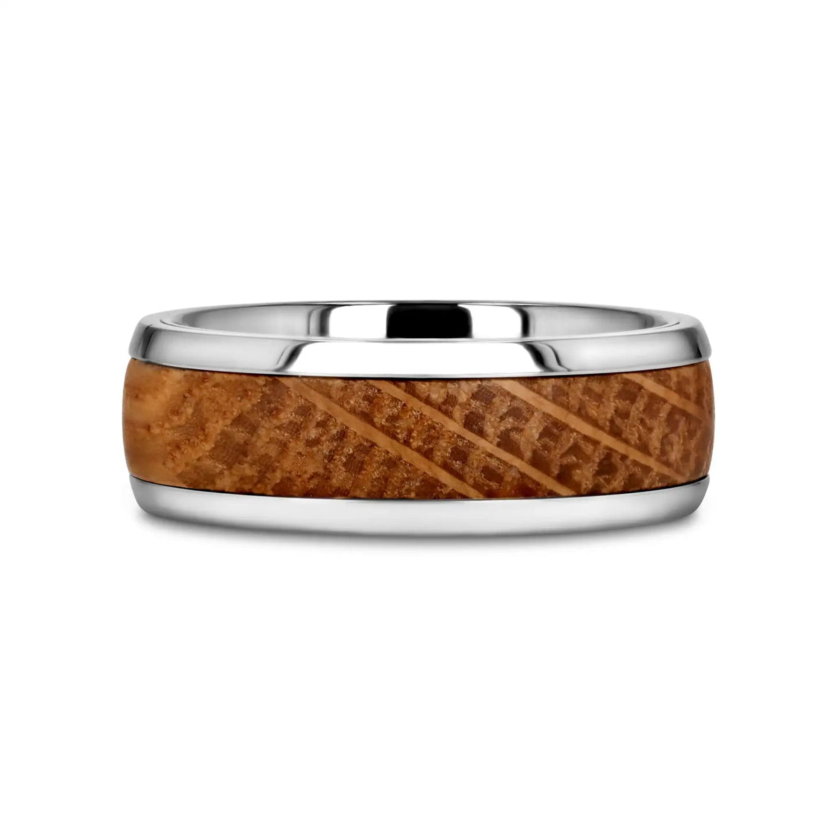 STAVE Whiskey Barrel Inlaid Titanium Men's Wedding Band With Domed Polished Edges Made From Genuine Whiskey Barrels - 8mm