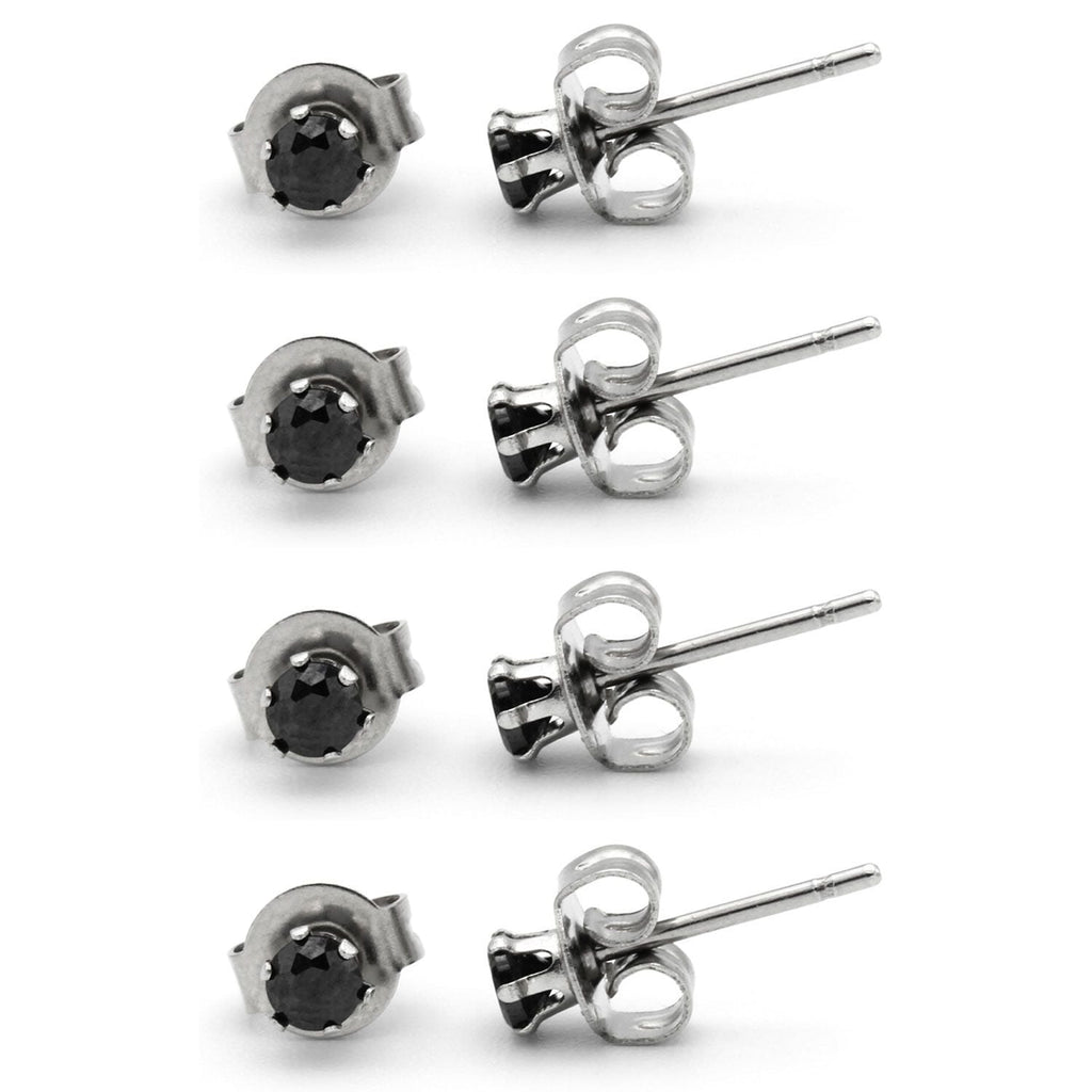 Cubic Zirconia Round Black Stud Earrings Set Of 4 Stainless Steel Jewelry Men Women