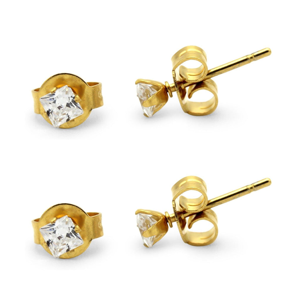 Cubic Zirconia Square 14K Gold Plated Stud Earrings Set Of 2 Stainless Steel Jewelry Men Women