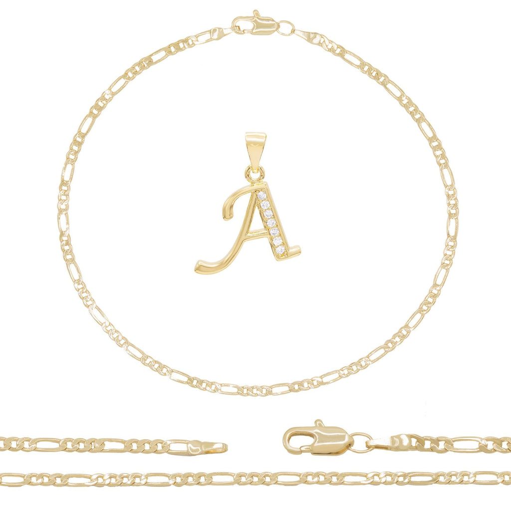 A-Z Initial Letter Pendant 14K Gold Filled Cubic Zirconia Figaro Chain Anklet 10" Set 2.4 mm  Women Jewelry