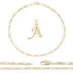 A-Z Initial Letter Pendant 14K Gold Filled Cubic Zirconia Figaro Chain Anklet 10" Set 2.4 mm  Women Jewelry