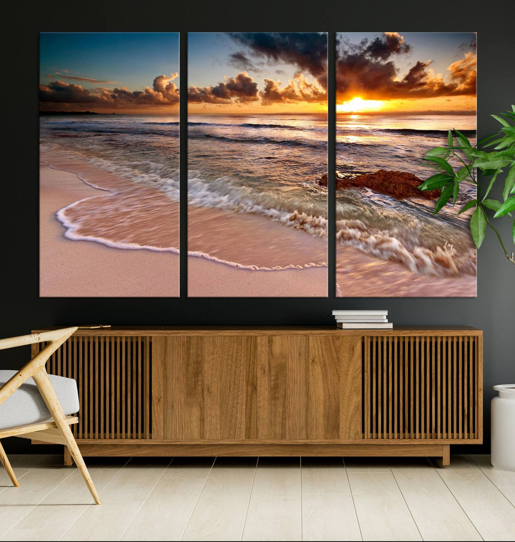 Sunset Beach Canvas Wall Art | Serene Ocean Waves Triptych, Coastal Sunset Decor