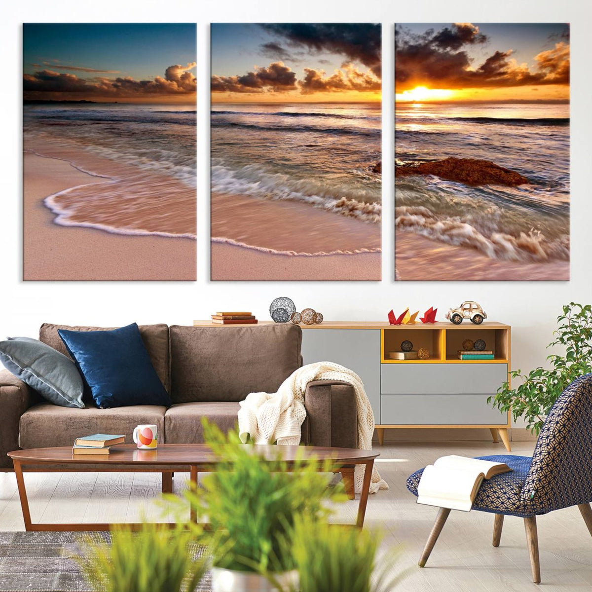 Sunset Beach Canvas Wall Art | Serene Ocean Waves Triptych, Coastal Sunset Decor
