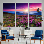 Sunset Over Mountain Meadows With Purple Wildflowers Wall Art Canvas Print