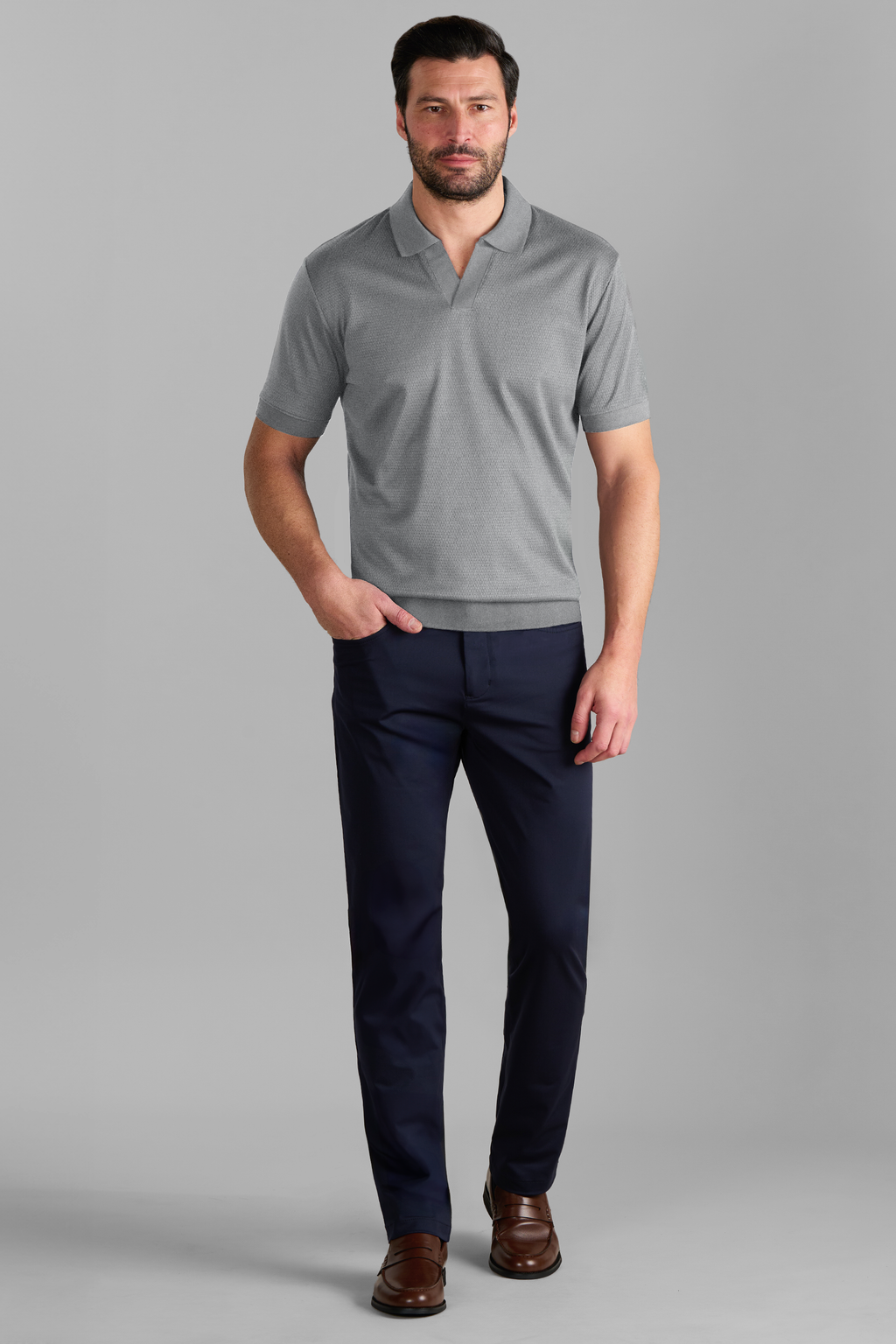 Short Sleeve Sweater Polo Solid // Light Grey