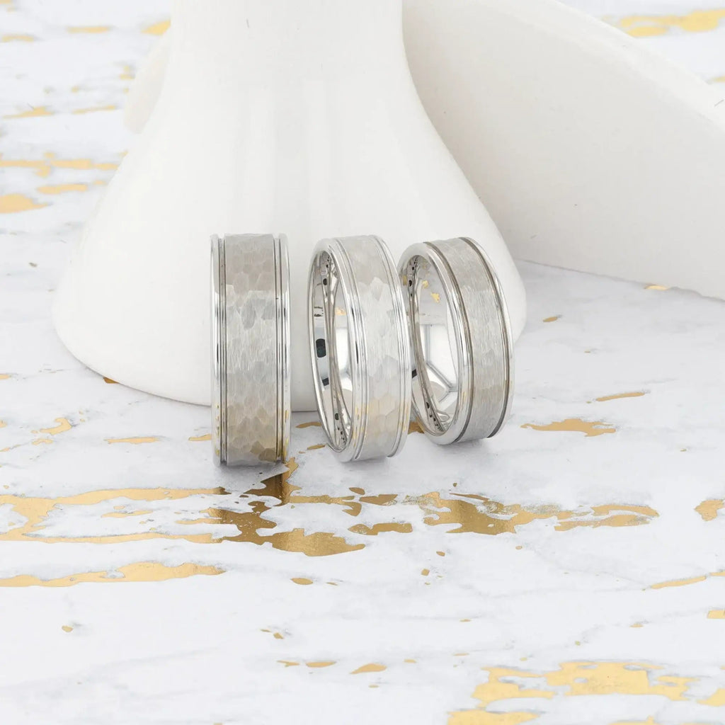 THORNTON Hammered Finish Center White Tungsten Carbide Wedding Band with Dual Offset Grooves and Polished Edges - 6mm & 8mm