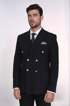 Modern Fit Double-Breasted Black Men’s Suit with Silver-Tone Metal Buttons – Wessi