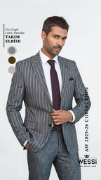 Striped Two Piece Grey Men Suit - Wessi