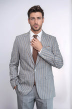 Striped Blazer Plain Pants Grey Men Suit - Wessi