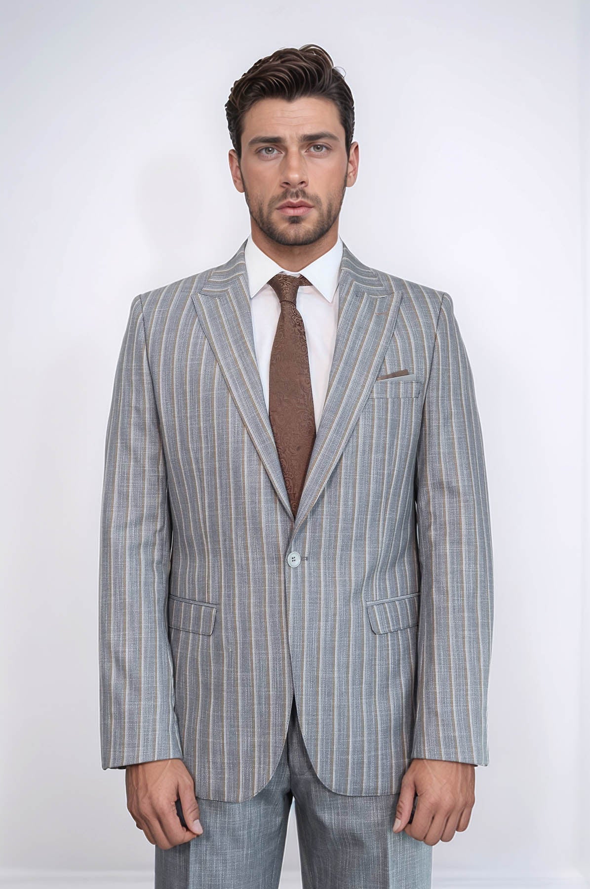 Striped Blazer Plain Pants Grey Men Suit - Wessi