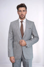 Striped Blazer Plain Pants Grey Men Suit - Wessi