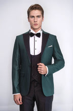 Double Breasted Patterned Green Men Tuxedo - Wessi