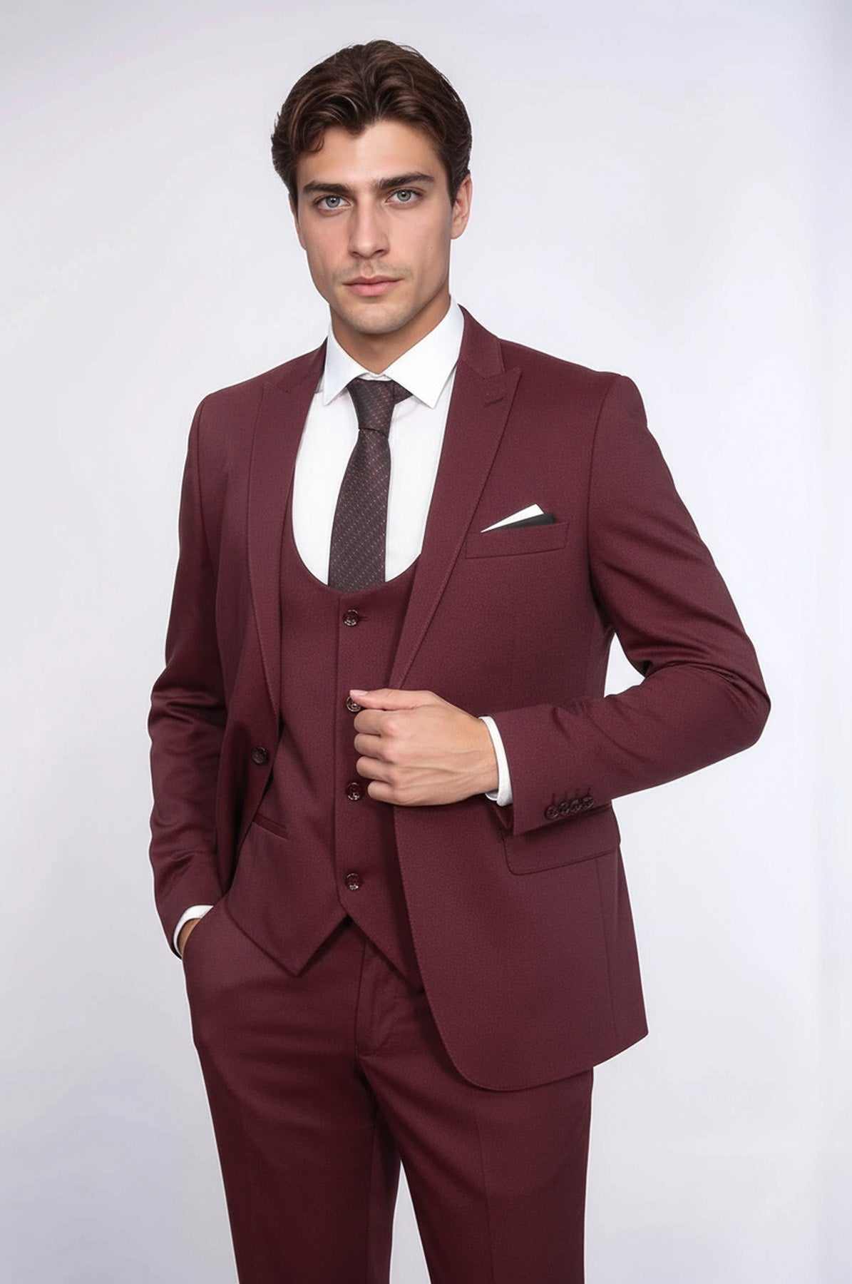 Patterned Claret Red Vested Suit- Wessi