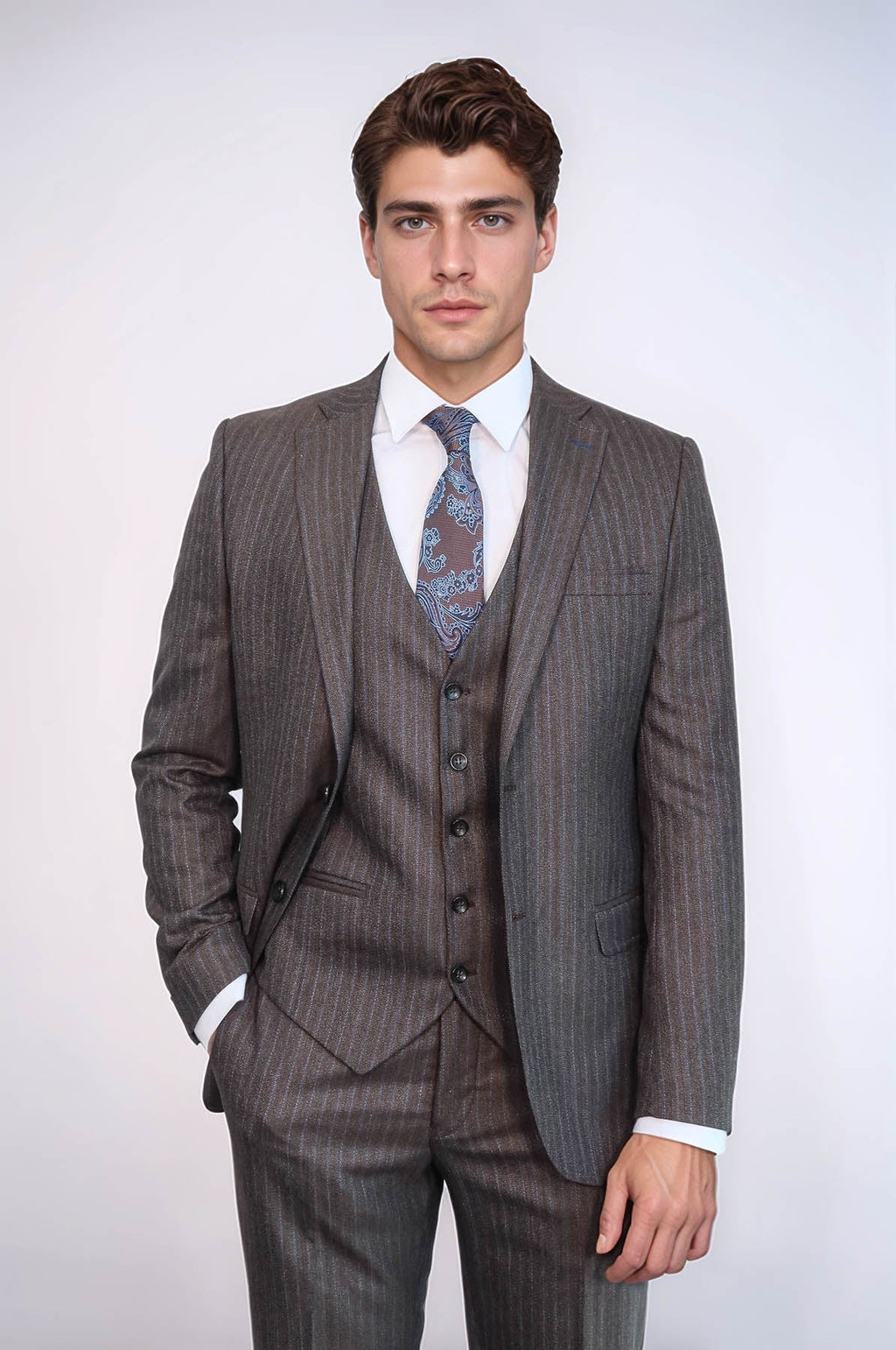 Striped Brown Vested Suit | Wessi