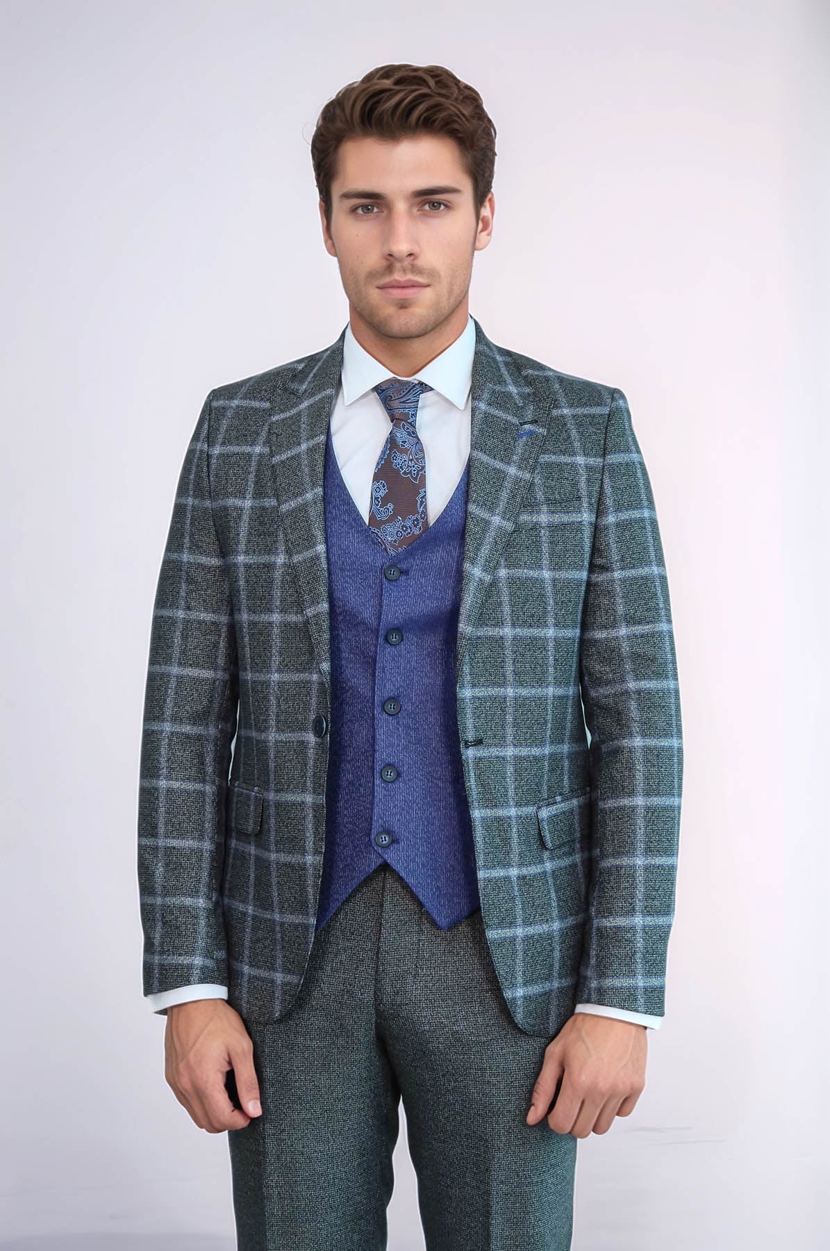 Grey Blue Checked Suit - Wessi